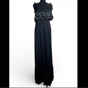 Vintage Vicky Vaughn Black Floral Embroidered Ruffle Maxi 70s